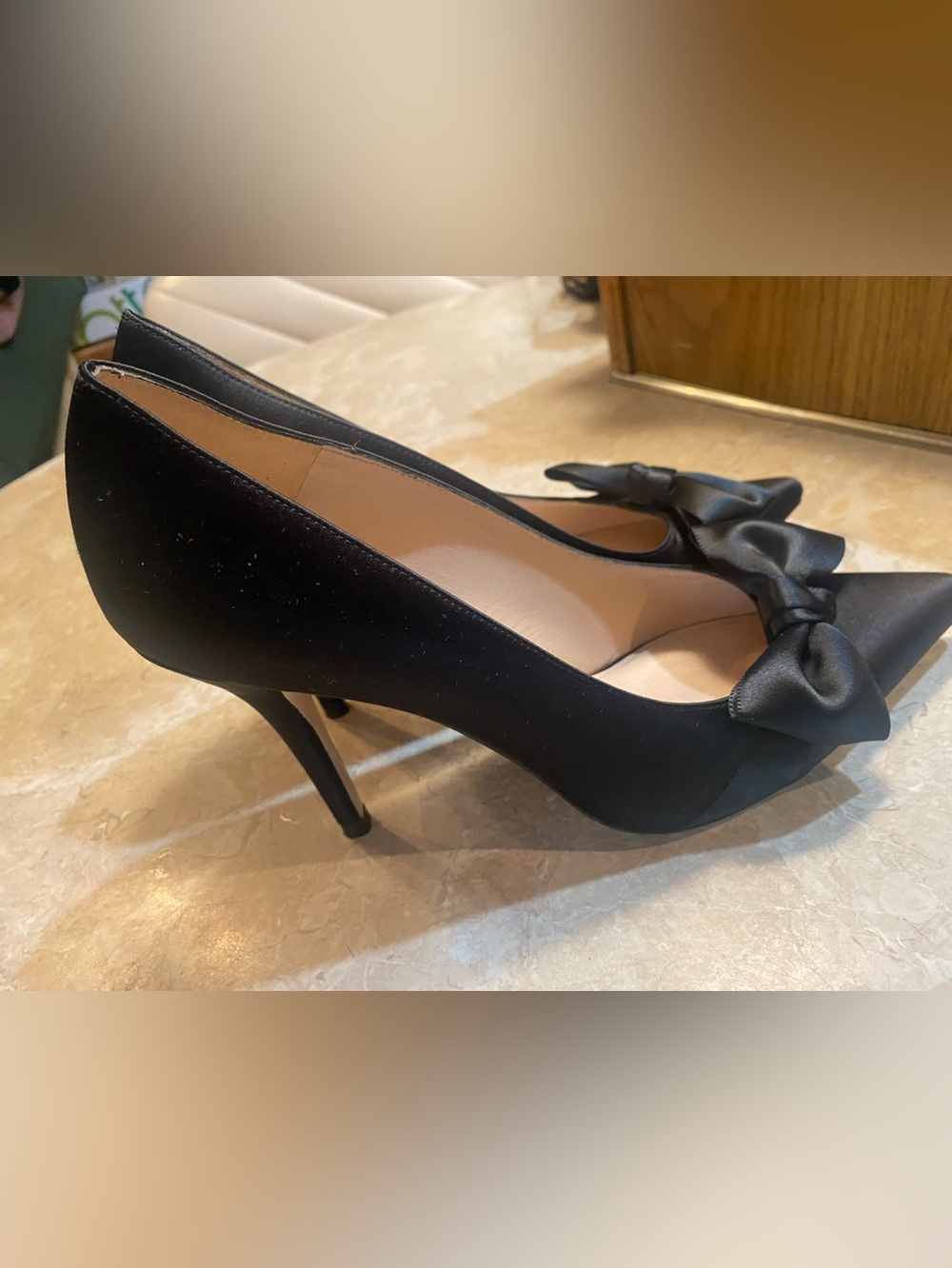 Stuart Weitzman Black Satin Pointed Toe Pumps with Bow Accent - Picture 4 of 7